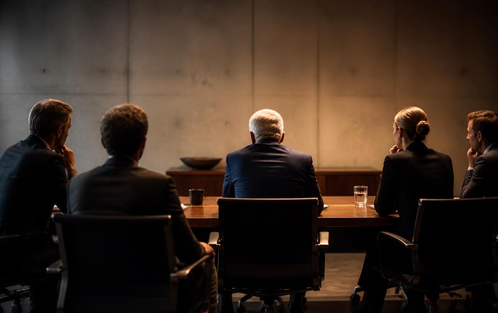 Private executive strategy session around a long table